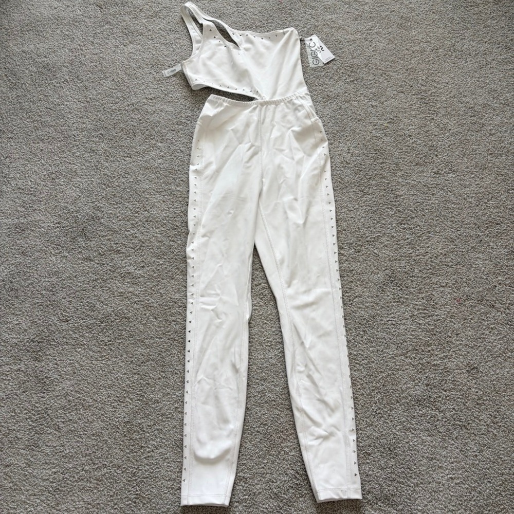 Gigi C Rory Jumpsuit Womens XS White Lasercut One Shoulder Athletic Striking